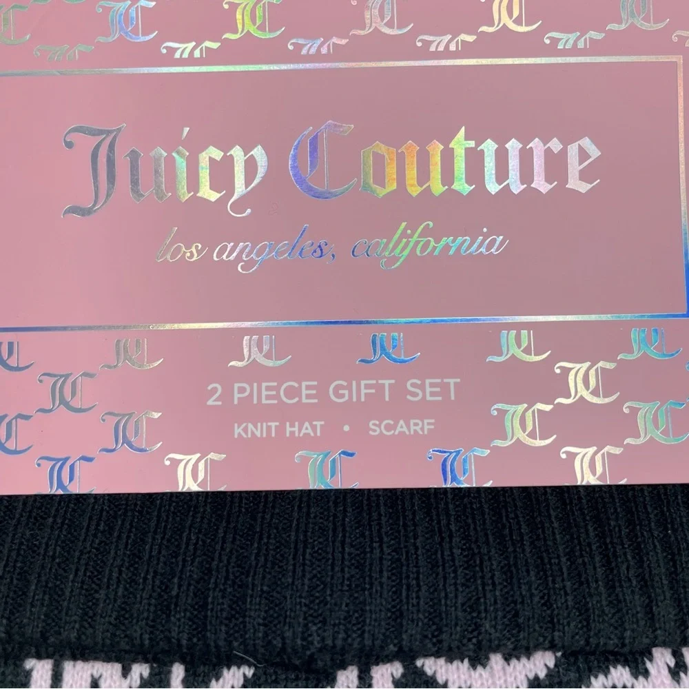 NEW Juicy‎ Couture Womens 2 Piece Knit Hat Scarf Gift Set Black Pink JC Monogram